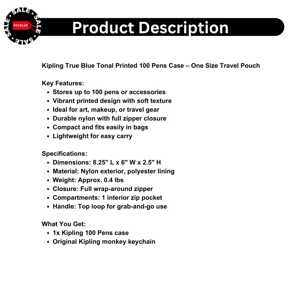 Kipling True Blue Tonal Printed 100 Pens Case – One‎ Size Travel Pouch